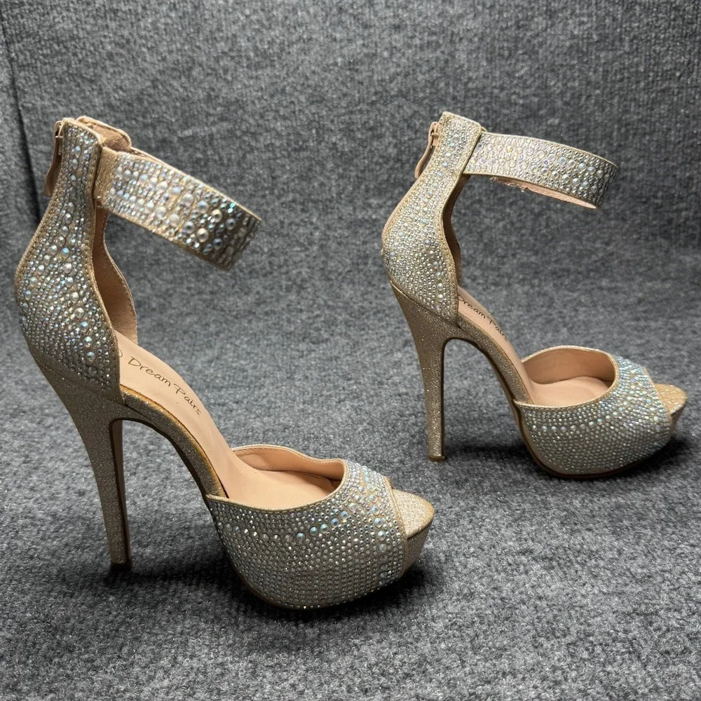 Dream Pairs Swan-05 Womens 5 Gold Rhinestone Stiletto Platform Ankle Strap Heels